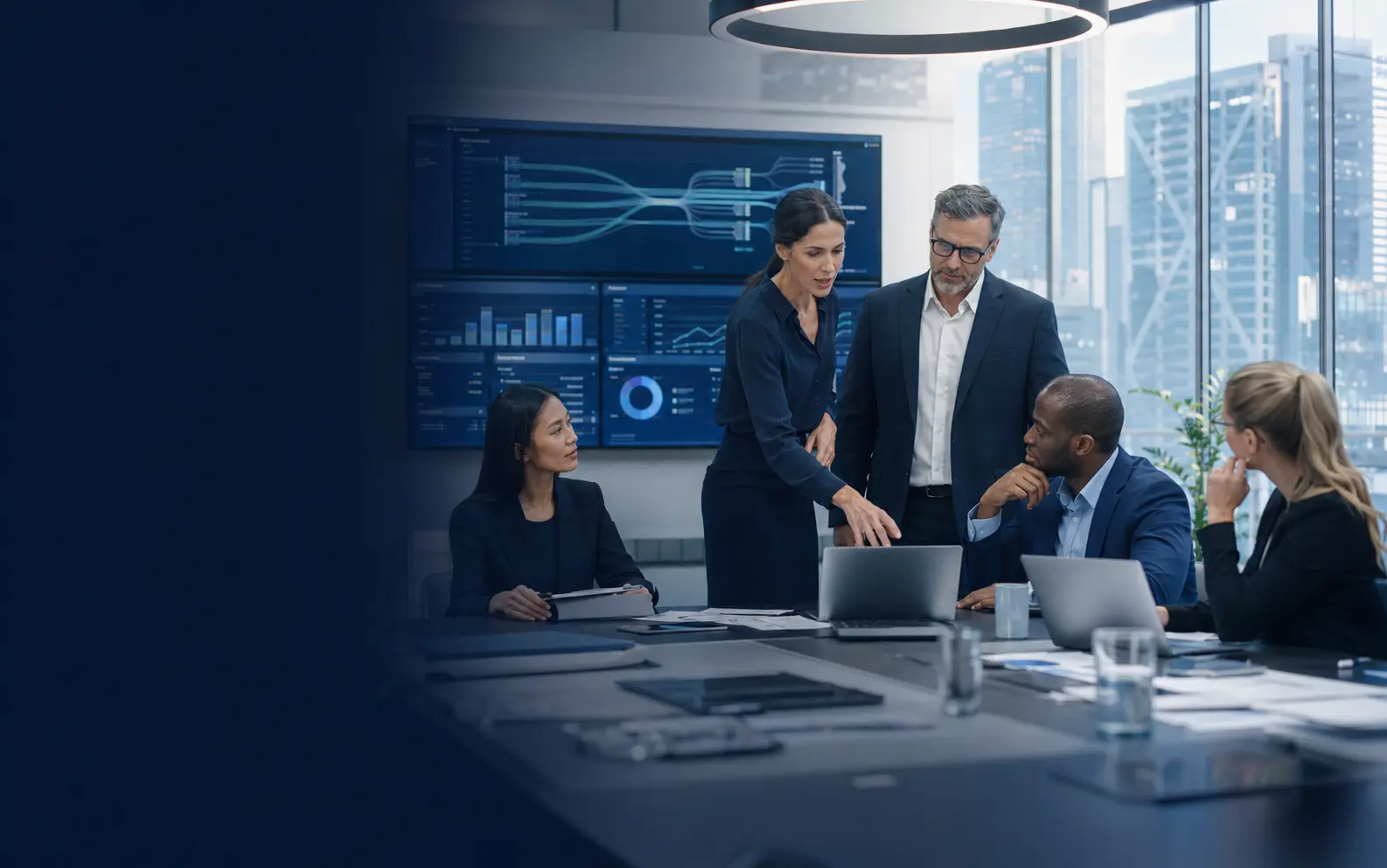 Executive team reviewing an AI transformation and business performance strategy