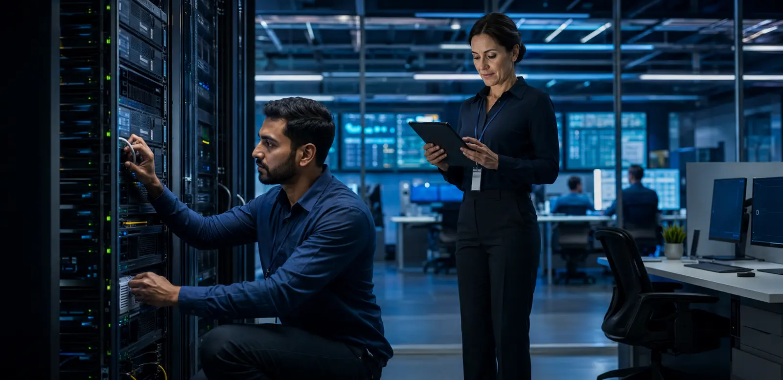 IT maintenance specialists monitoring infrastructure uptime and preventive service performance