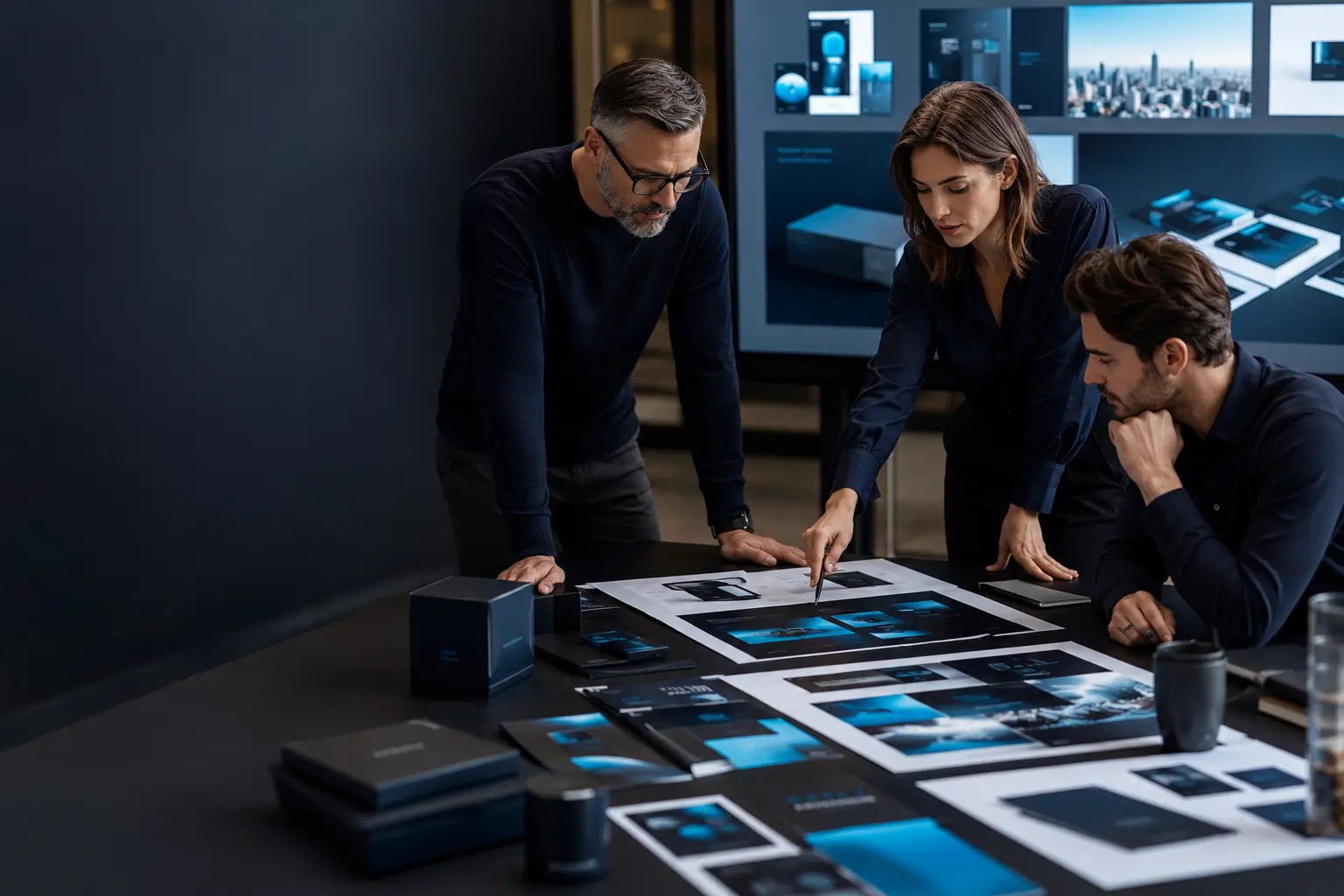 Corporate brand design team developing a premium visual identity system