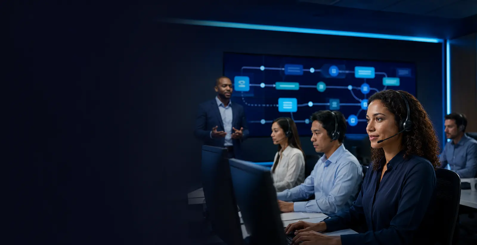 AI chatbot operations team designing customer service automation workflows