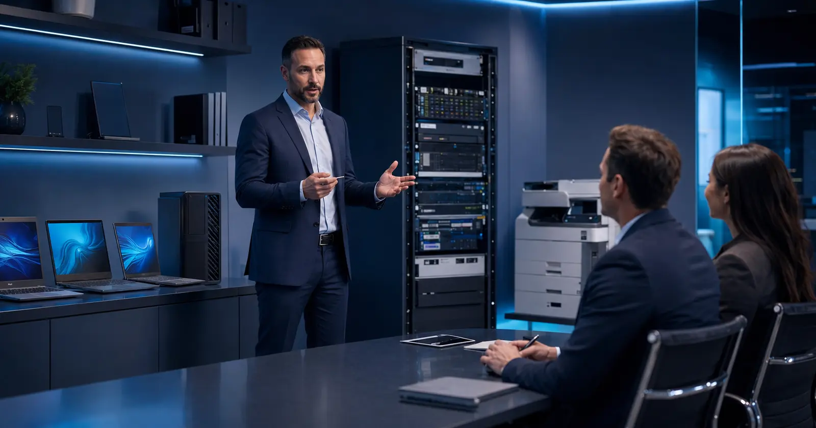 Technology specialist presenting enterprise computers, servers and printers to procurement leaders