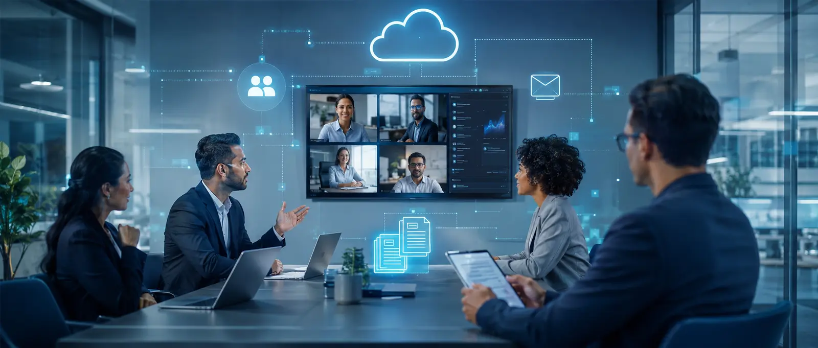 Business team using secure Microsoft 365 and Google Workspace collaboration
